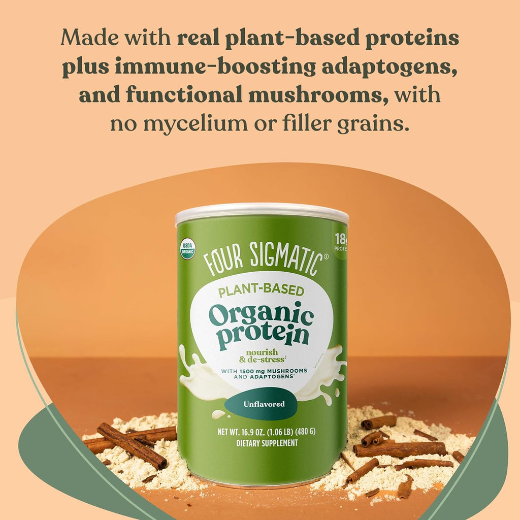 Organic Plant-Based Protein Powder Unflavored Protein with Lion’S Mane, Chaga, Cordyceps and More | Clean Vegan Protein Elevated for Brain Function and Immune Support | 16.9 Oz
